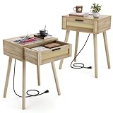 HAIOOU Nachttisch mit Ladestation, Rattan-Schublade, Set mit 2 modernen Beistelltischen, Beistelltisch mit Kiefernholzbeinen, Aufbewahrung für Schlafzimmer, W