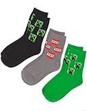 Minecraft Socken Kinder Jungen Creeper Gesicht sortiert 3 Pack grau grün schwarz 12.5-3.5 UK Kids