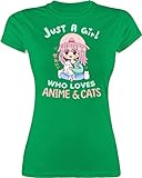 Anime Merch Manga Deko - Just a Girl who Loves Anime & Cats Kawaii Chibi - L - Grün - Rundhals - L191 - Tailliertes Tshirt für Damen und Frauen T-Shirt