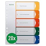 Leitz Register für A4, 20er Pack, PC-beschriftbares Deckblatt und 5 Trennblätter, Taben mit Zahlenaufdruck 1-5, Überbreite, Weiß/Mehrfarbig/Transparent, Polypropylen, 12910000