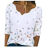 KYBA Langarmshirt Damen Pullover Sweatshirt Langarm für Frauen Mit Motiv Frühlings Mode V-Ausschnitt Schmetterlingsdruck Bluse Tops