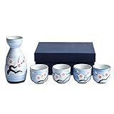 JASFEER Japanisches Sake-Becher-Set, 5-teilig, handbemaltes Design, Porzellankeramik, traditionelle Keramikbecher, Kunsthandwerk, Weingläser