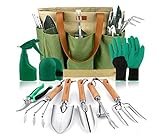 SANOTO Gartenwerkzeuge, 43-teilig, Gartenwerkzeug-Set, Edelstahl mit Holzgriff, Garten-Set – Gartengeschenke für Frauen und Männer
