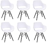 SAM 6er Set Schalenstuhl Lea, Weiß, ergonomisch geformte Sitzschale aus Kunststoff, bequemer Esszimmerstuhl im Retro-Design, schwarzes Holzgestell