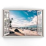 Estika - Leinwand Bilder Fensterblick - Strand, Meer, Palme - 120x80 cm - 1 teilige Wandbilder, Bild auf Leinwand, Modern Deko für wohnzimmer schlafzimmer - Natur Landschafts bilder - 5969A_1B