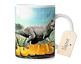 timalo® Tasse Motiv Dinosaurier mit Namen bedrucken lassen | Individuelle Kindertasse mit Dinos und Wunschname für Kinder Jungen | mug-child-1