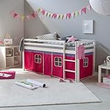 Homestyle4u 2574, Kinderhochbett mit Leiter Weiß 90x200 cm Holz Kiefer Kinderbett pink rosa mit Lattenrost und Vorhang