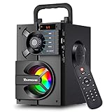 Bluetooth Lautsprecher, Tragbare Bluetooth Box mit Subwoofer, kabellos Stereo Sound satter Bass Party Lautsprecher unterstützt FM Radio Fernbedienung LED Lichter (Black)