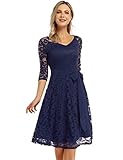 KOJOOIN Damen Vintage Kleid Brautjungfernkleid Knielang Langarm Spitzenkleid Cocktailkleid Dunkelblau Navyblau L