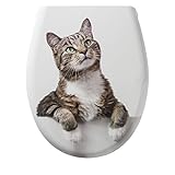 Tiger Toilettensitz Katze, WC-Sitz aus Duroplast mit Katzen-Motiv, Absenkautomatik und Easy-Clean-Funktion, Farbe: weiß, Edelstahlbefestigung