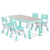 LAZY BUDDY Kindertisch mit 4 Stühlen, Kindertischgruppe Plastik, Höhenverstellbar Zeichenbrett Holz Table für Kinder von 2-10 Jahren (Minzgrün)