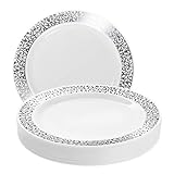 MATANA 20 Weiße Plastikteller mit Silberrand für Hochzeiten, Geburtstage & Partys, 26cm - Mehrweg & Stabil