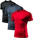 ATHLIO 1 oder 3 Pack Herren Cool Dry Kurzarm Kompressionsshirts Sport Baselayer T-Shirts Tops Athletic Workout Shirt, Herren Damen Jungen Mädchen, 3er-Pack (BTS02) - Schwarz / Kohle / Rot, X-Large