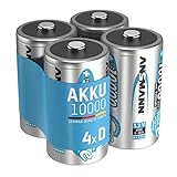 ANSMANN Akku D 10000 mAh NiMH 1,2 V (4 Stück) - Mono D Batterien wiederaufladbar, hohe Kapazität & maxE geringe Selbstentladung für hohen Strombedarf & jahrelangen Einsatz