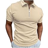 FNKDOR 2024 Poloshirt Herren Kurzarm mit Reißverschluss Elasthan Bündchen Gerippt Casual Polotshirts Polohemd (Khaki, M)