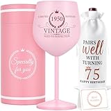 Lifecapido 75. Geburtstag Geschenke für Frauen, Vintage 1950 Edelstahl Weinglas mit Weinbeutel und Karte, 75. Geburtstag Dekorationen für Frauen, 75 Jahre alte Geburtstagsgeschenke für Oma, Mutter,