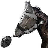 valuents Fliegenmaske für Pferde in grau – Fliegenhaube – Nüsternschutz – UV Schutz – in 4 Größen für Kaltblut +Plus: Pferdebürste