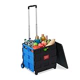 Relaxdays Einkaufstrolley klappbar, bis 35 kg, 50 l Kiste, mit Teleskopgriff, 2 Rollen, Transport Trolley, blau/schwarz