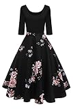 Axoe Damen A-Linie Kleid 60er Jahre Rockabilly mit Blumenrock 3/4 Ärmel Gr.36, Farbe 4, 2XL (46 EU)