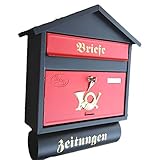 Großer Briefkasten/Postkasten XXL Schwarz/Rot Matt mit Zeitungsrolle Zeitungsfach Spitzdach Zeitungsrohr B