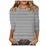 Damen T-Shirt 3/4 Arm Oberteile Tops Rundhalsausschnitt Gestreift Druck Sommershirts Slim Fit Mode Damenblusen Leicht Und Luftig Loose Langarmshirt T-Shirt Dunkelgrau XL
