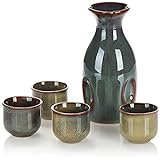 COM-FOUR® 5-teiliges Sake-Set, Sakekanne und 4 Saketassen aus Keramik, kunstvoll glasiertes Sakeservice für Sakezeremonien, Steinzeug im japanischen Stil (5-teilig Sake-Set)