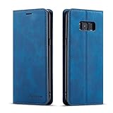 EYZUTAK Hülle für Samsung Galaxy S8, Magnetverschluss Premium PU Leder Flip Case mit Kartenfächern Brieftasche Standfuntion stoßfeste Silikonhülle Retro Ledertasche - Blau