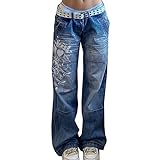 FUZUAA Damen Weite Baggy Jeans Hohe Taille Gerade Denimhose Schlaghosen Boyfriend E-Girl Hosen Vintage Streetwear (Color : Blue, Size : L)