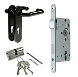 BKS Zimmertür/Wohnungstür/Kellertür Komplett Set, Schild Beschlag U-Form (beidseitig Drücker) + PZ Schloss + Profilzylinder (DIN LINKS)
