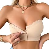 Damen Trägerloser BH mit transparenten Trägern Front Buckle Push Up BH Nahtloser Bandeau BH mit Rutschfestem Innenfutter Tube Top(D474SJ,Beige,M)