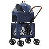 GXDSSH Doppelter Decker Haustierwagen, Multifunktions-3IN1 Katzen Buggy, Faltbare Hundebuggy for Kleine Hunde, Einklick Falten, Vorne, Haustierwagen for 2 Hunde (Color : Blue, Size : B)