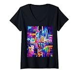 Damen Neon-Stadt T-Shirt mit V-Ausschnitt