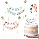 Happy Birthday Tortendeko Geburtstag,2 Glitter Cake Topper Kuchendeko Girlande Kuchendekoration Geburtstag,Gold Sterne Torte Deko für Mädchen Junge Mann Frau Kinder Geburtstag Taufe Torten Dekoration