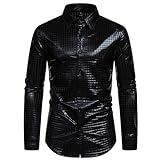 Yowablo Paillettenhemd Freizeithemd schmales Hemd Herren-Hemd mit Langen Ärmeln modisches Button-Down-Hemd (Black #2, XXL)