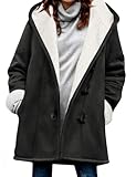 Yuson Girl Winterjacke Damen Lang Wintermantel Wildleder Fleecejacke Lose Winterparka Winter Warm Cardigan Outwear Einfarbig Kapuzenjacke mit Kapuze und Seitentaschen(Schwarz, XL)