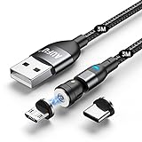 Magnetisches Ladekabel 3M, AUFU Magnet USB Kabel 360° und 180° Drehbar Nylon Magnetisches Datenkabel mit Micro USB Typ C für Samsung Huawei Oneplus Xiaomi - Schwarz