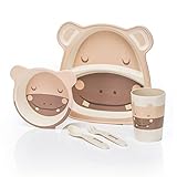 all Kids United® Kindergeschirr-Set aus Kunststoff 5-teiliges Geschirr Set mit Tier-Motive; Becher, Schüssel, Teller, Löffel & Gabel für Kinder (Hippo)