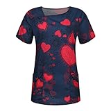 Valentinstag Print Trendy Shirt Teen Girls Shirts Damen Workwear Love Heart Printed Kurzarm Pullover V Ausschnitt T-Shirt Casual Flowy Tunika Bluse Tops, navy, M