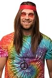 Hippie Set mit Perücke + runde Sonnenbrille + Peace Anhänger + rotes Kopfband für Herren & Damen 70er Jahre Fasching Karneval