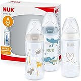 NUK First Choice+ Babyflasche im Set | 0–6 Monate | Temperature Control Anzeige | 300 ml | Anti-Colic-Ventil | BPA-frei | Trinksauger aus Silikon | 3 Stück | Safari