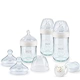 NUK Nature Sense Glasflaschen Set, Babyflaschen aus Glas, Trinksauger und Genius Schnuller, 0-6 Monate, weiß