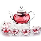 FONDUO Teekanne Glas Mit Siebeinsatz Stövchen 6 doppelwandigen Glasteetassen, Hitzebeständig Kleines Teeset für Schwarzen Tee Grüner Tee Fruchttee Duftender Tee Teebeutel (600ML)