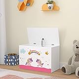 [en.casa] Spielzeugkiste Oleiros mit aufklappbaren Deckel Aufbewahrungsbox für Kinderzimmer Bücher Spielzeug 40x60x30cm Kinderzimmerbox mit Einhorn Motiv Weiß/Lila/Rosa