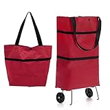 INHEMING Faltbare Trolley-Taschen, Einkaufstrolley Einkaufstasche mit Rollen,2 in 1 Klappbarer Einkaufswagen für Zuhause Supermarkt Strapazierfähige Tasche - Rot