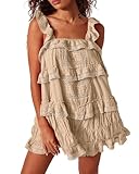 Gacaky Damen Sommer Casual Ärmellos Strampler Rüschen Flowy Boho Sonnenkleid Lose Minikleid mit integrierten Shorts, Khaki, XX-Larg