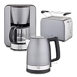 KHG Frühstücksset Wasserkocher, Toaster & Kaffeemaschine, Skandi Look Grau Edelstahl, 1,7 Liter, 2 Toast Scheiben & 12 Tassen Kaffee, präziser Ausgießer, 6 Röststufen, Brötchenaufsatz, Display-T