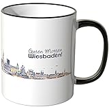 WANDKINGS® Tasse, Schriftzug Guten Morgen Wiesbaden! mit Skyline bei Nacht - SCHWARZ
