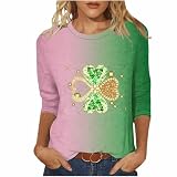 St. Patrick's Day 3/4 Ärmel Oberteile Damen O-Ausschnitt T-Shirt Lässiges Shamrock Muster Langarmshirt Irischen Shamrock Basic Tee Tops Oberteile Irland Festival Kostüm Lose Pullover für F