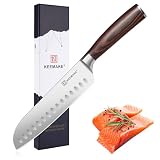 KEEMAKE Santoku Messer, Japanische Küchenmesser Kochmesser Profi Messer, scharfe Klingenlänge 17,8 cm aus hochwertigem Edelstahl mit Pakkaholz G