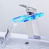 BONADE LED Wasserhahn Bad Wasserfall Waschtischarmatur aus Glas mit RGB 3 Farbewechsel Beleuchtung Einhandmischer Badarmatur mit Temperatursensor Waschbeckenarmatur für Badezimmer